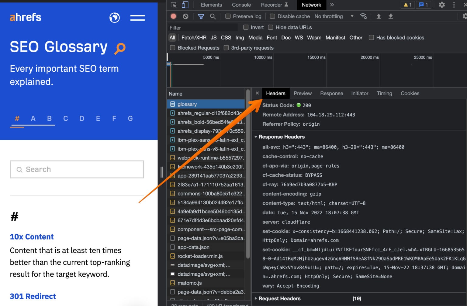 [Screenshot: Browser developer tools showing HTTP response headers with an X-Robots-Tag present]