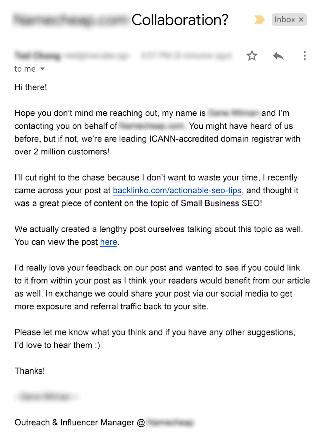 [Screenshot description: Example of a bad outreach email in an inbox &mdash; a clearly templated email with generic subject line and placeholder-style copy]