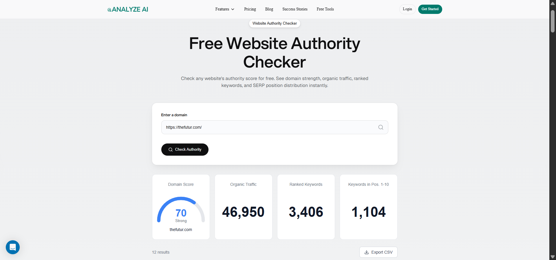 [Screenshot description: Analyze AI Website Authority Checker showing the domain authority score of a prospect&rsquo;s website]