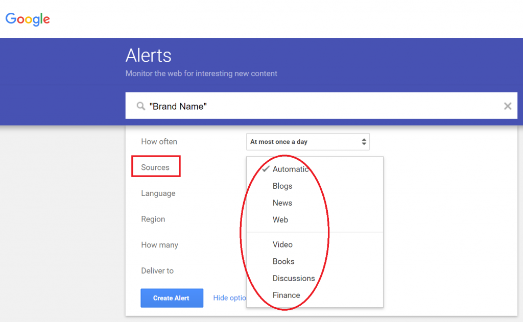 [Screenshot description: Google Alerts setup page showing a keyword alert being created]