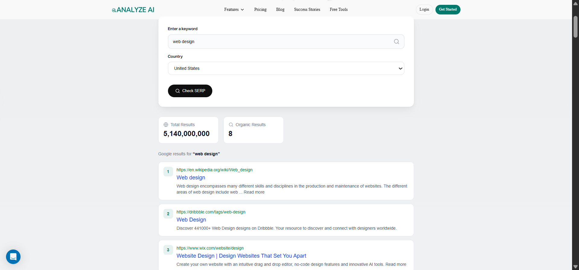 [Screenshot description: Analyze AI SERP Checker showing top-ranking results for a keyword]