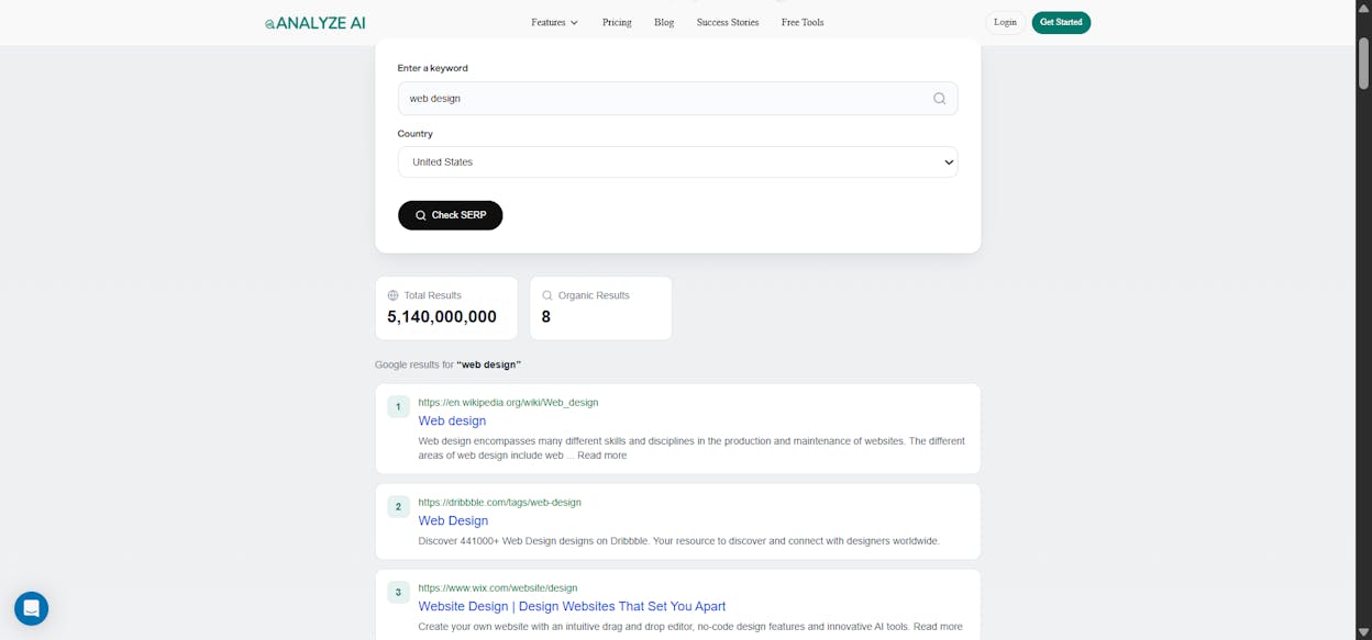[Screenshot description: Analyze AI SERP Checker showing top-ranking results for a keyword]