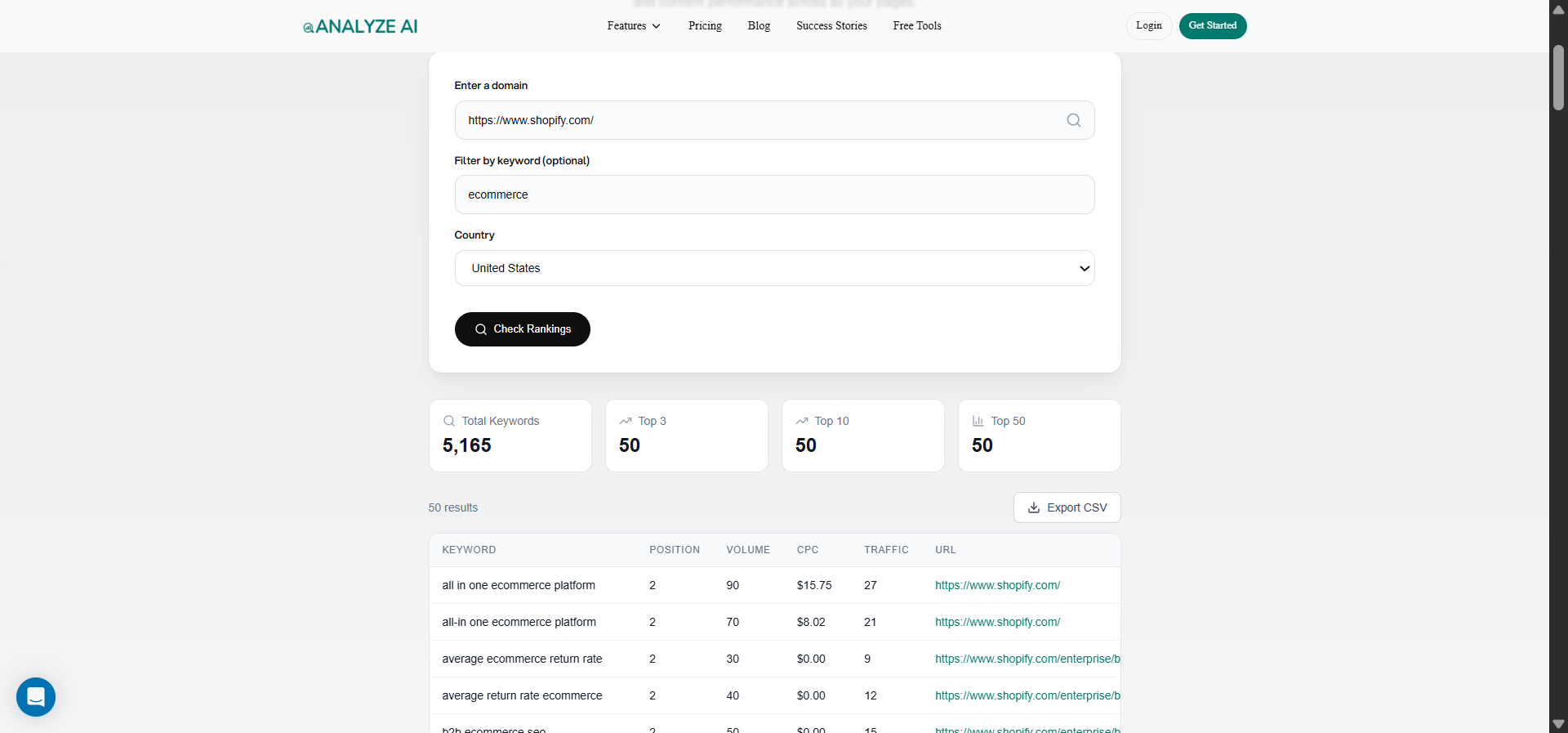 [Screenshot description: Analyze AI Keyword Rank Checker showing current rankings for a target keyword]