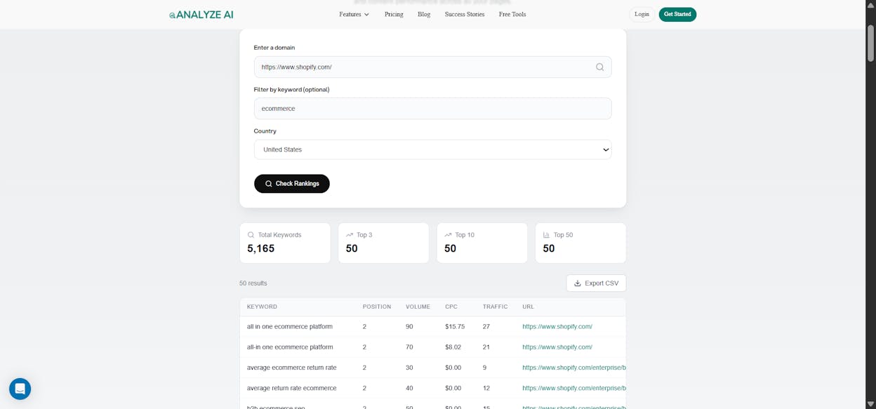 [Screenshot description: Analyze AI Keyword Rank Checker showing current rankings for a target keyword]