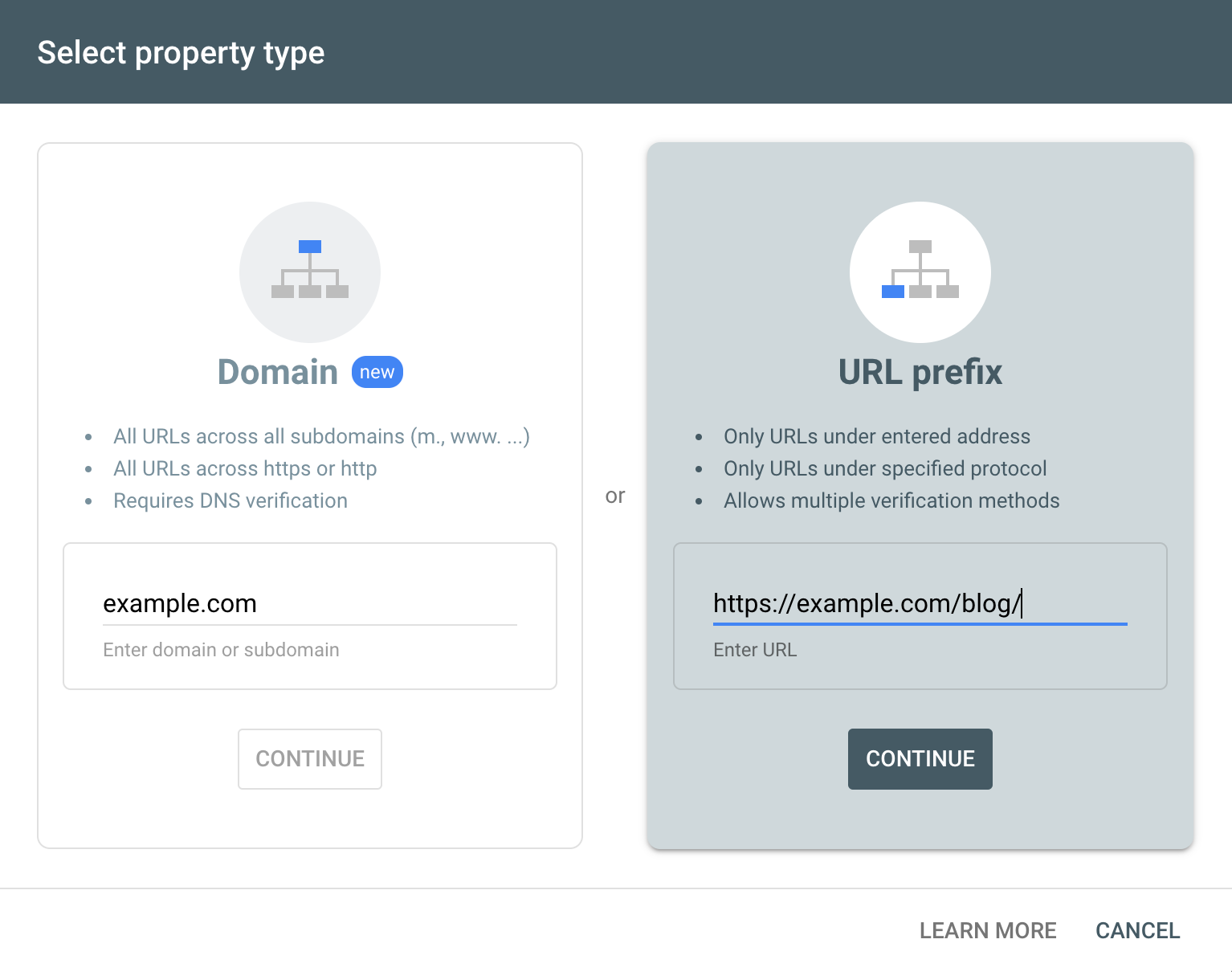 [Screenshot: Google Search Console property setup screen showing domain vs. URL prefix options]