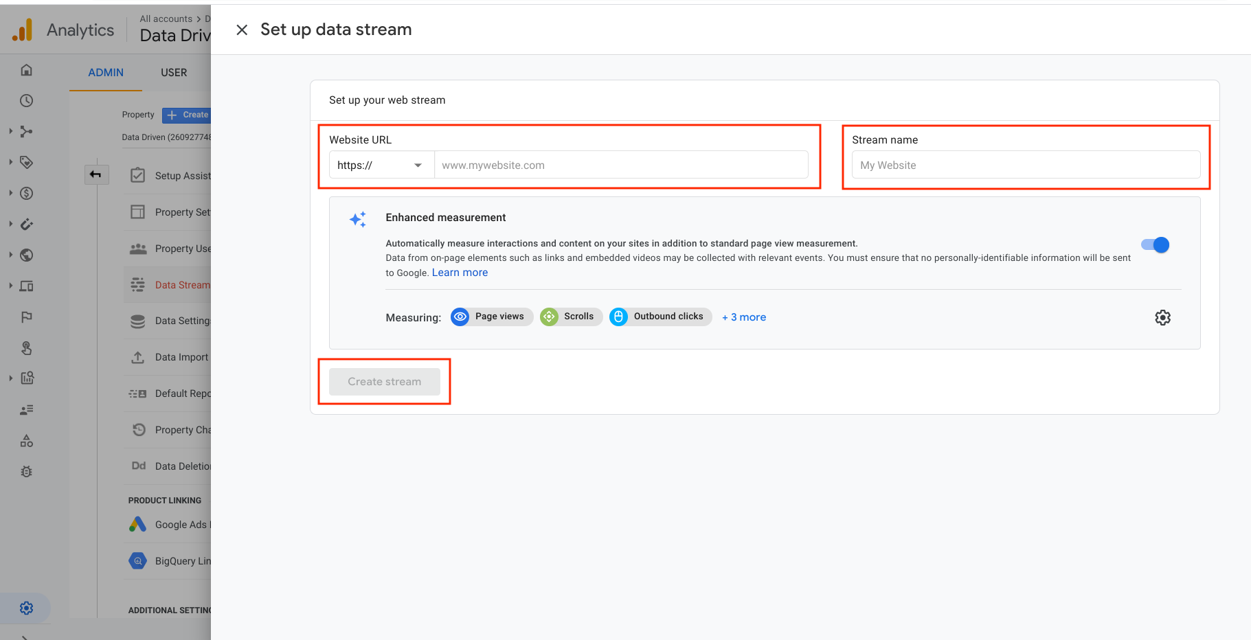 [Screenshot: GA4 data stream setup screen]