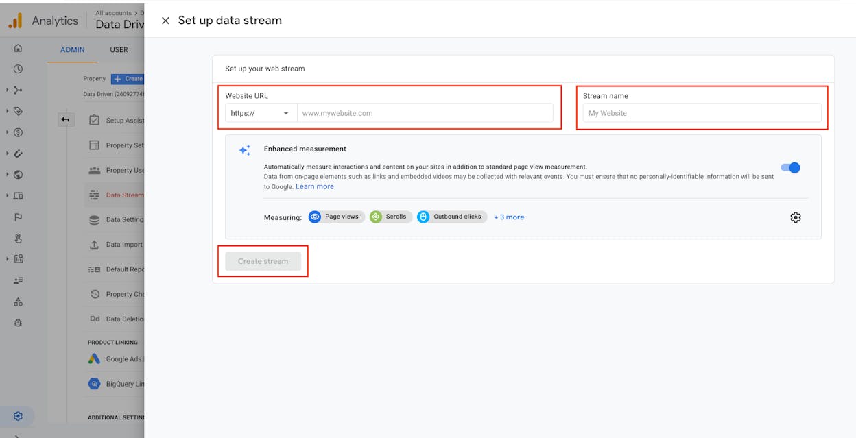 [Screenshot: GA4 data stream setup screen]