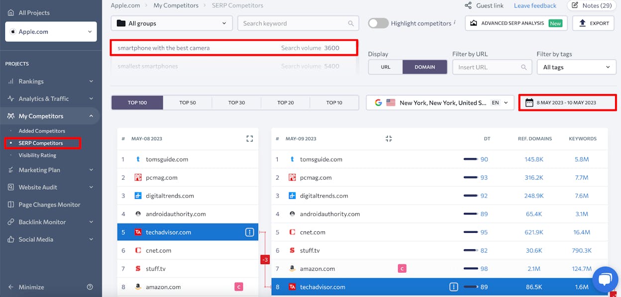 [Screenshot: SEO platform project setup showing keyword tracking and competitor fields]