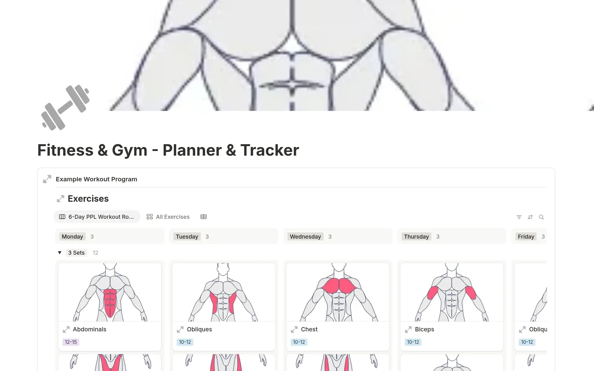 [Screenshot of Muscle & Strength&rsquo;s workout database showing its grid-based category layout]