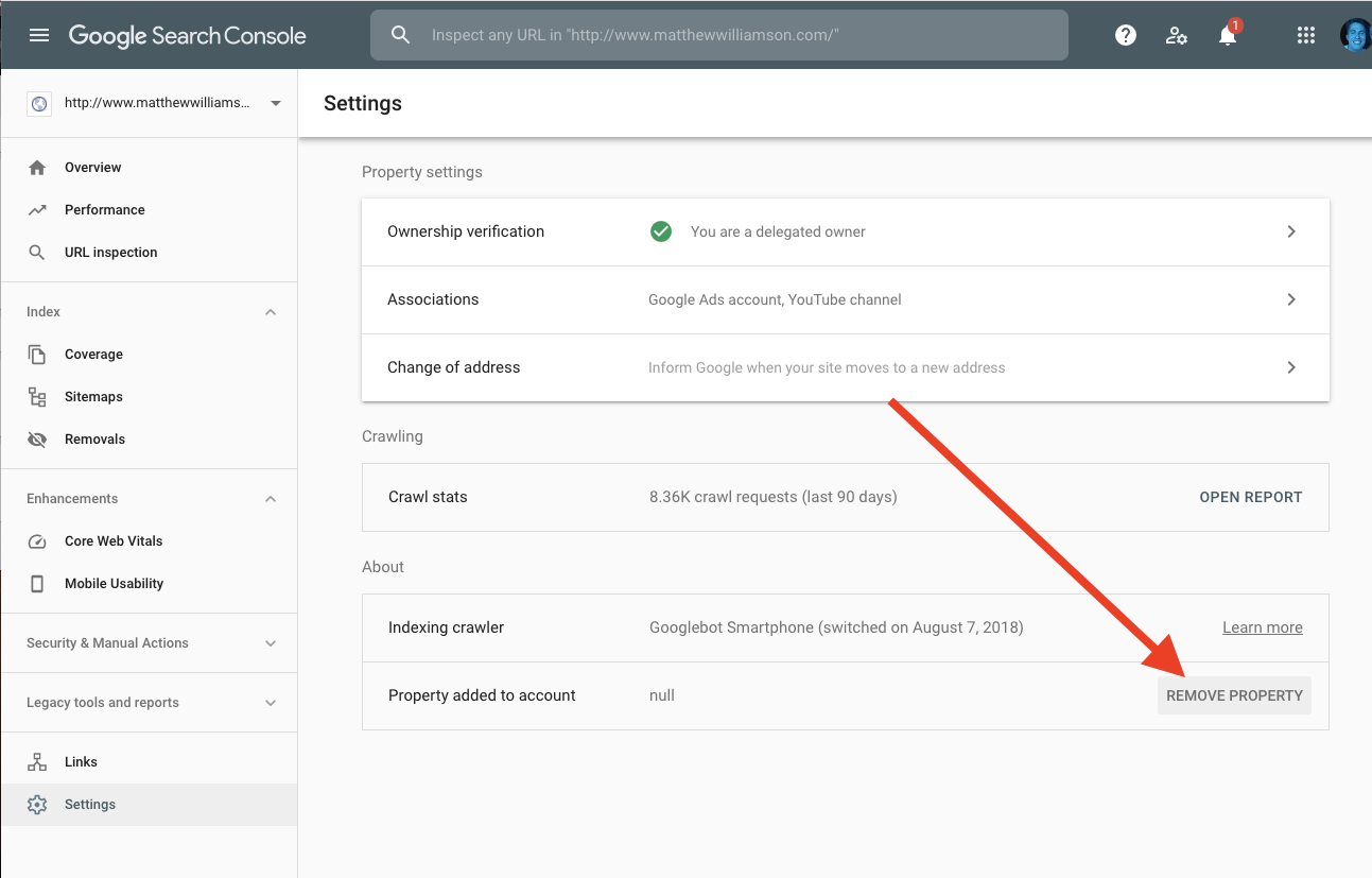 [Screenshot: Google Search Console home screen with the property selector visible]