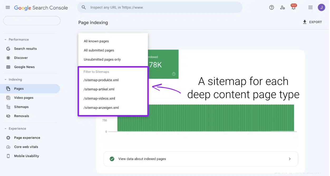 [Screenshot: Google Search Console sidebar showing &ldquo;Indexing&rdquo; > &ldquo;Pages&rdquo; navigation path]