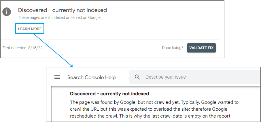 [Screenshot: The list of &ldquo;Discovered - currently not indexed&rdquo; URLs in GSC with the export button highlighted]