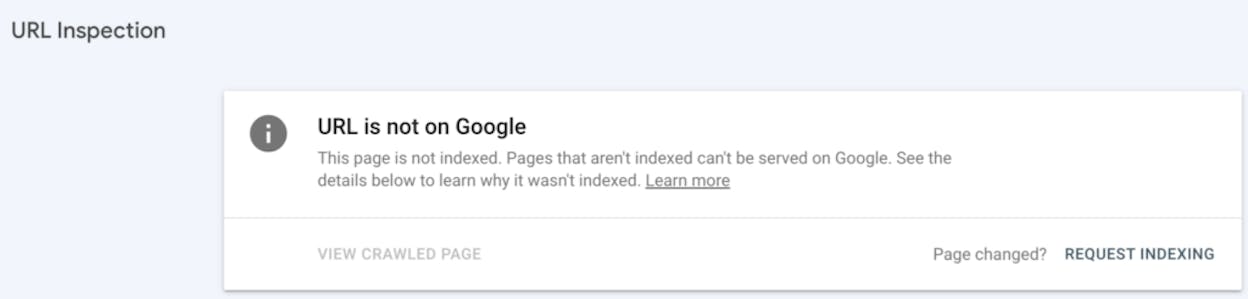 [Screenshot: URL Inspection tool in Google Search Console showing a URL that is &ldquo;not indexed&rdquo; with the &ldquo;Request Indexing&rdquo; button visible]