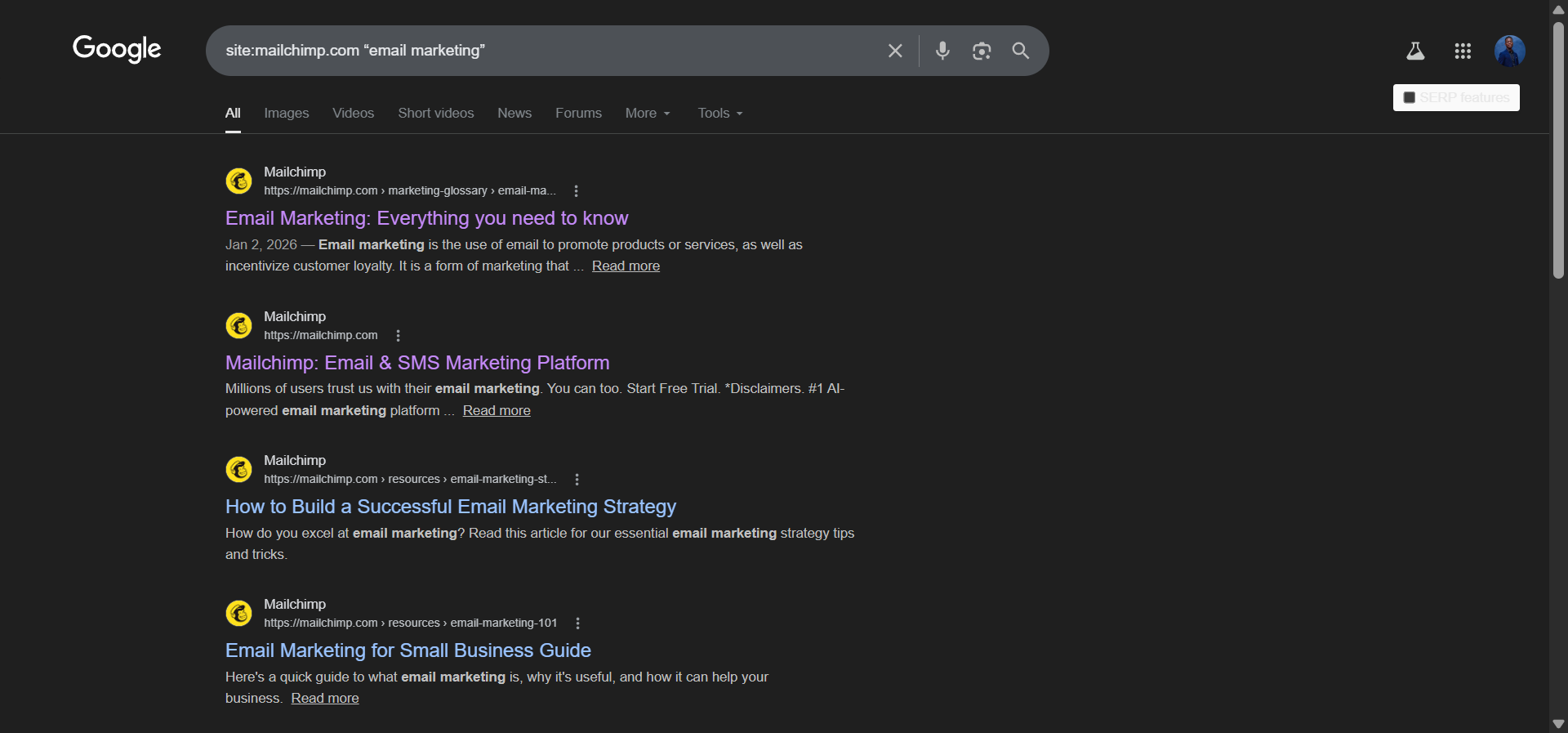 [Screenshot: Google search results for site:yourdomain.com &ldquo;email marketing&rdquo; showing pages that could be internal link sources]
