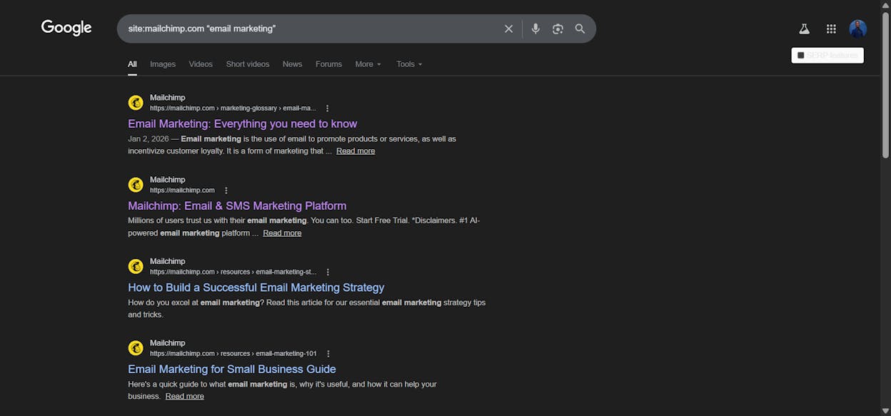 [Screenshot: Google search results for site:yourdomain.com &ldquo;email marketing&rdquo; showing pages that could be internal link sources]