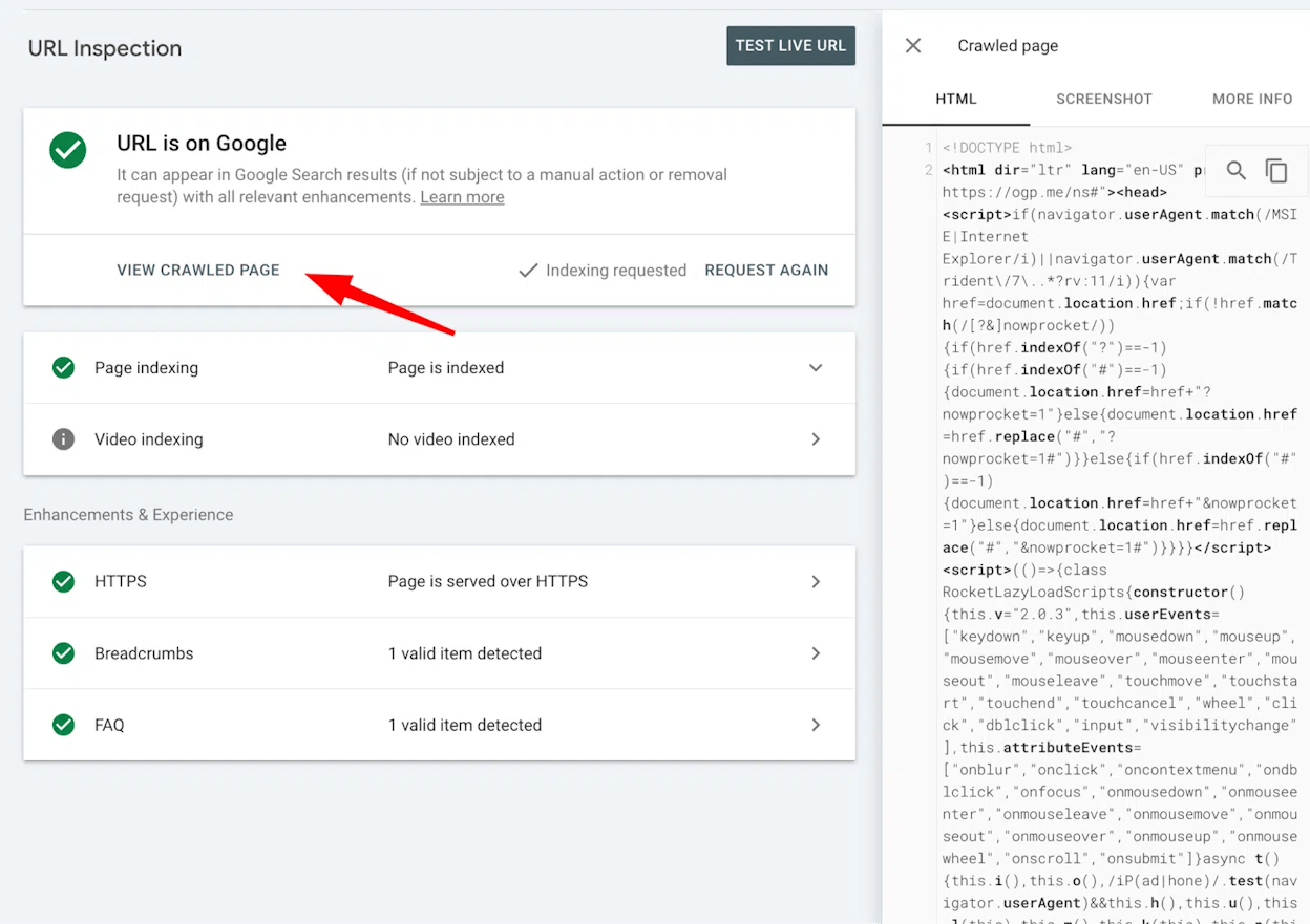 [Screenshot: Google Search Console URL Inspection showing the rendered screenshot of a page, compared to the live page]