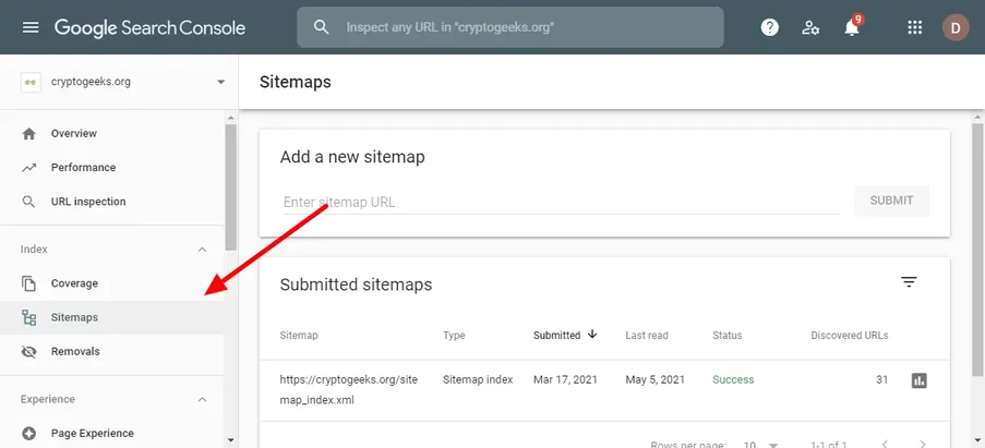 [Screenshot: Google Search Console Sitemaps report showing submitted sitemaps and their status]