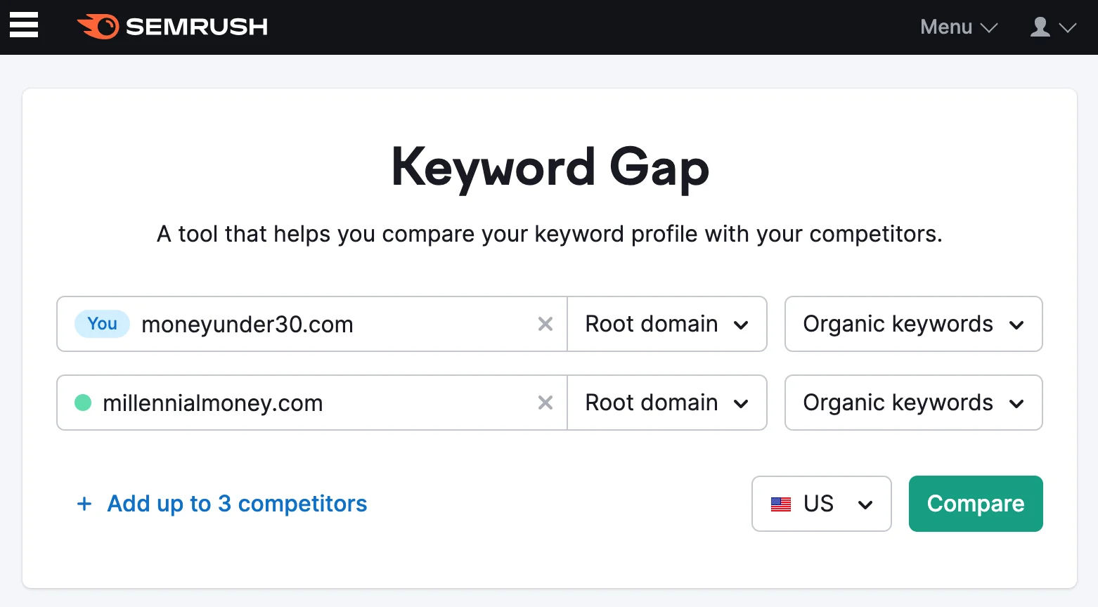 [Screenshot description: Content gap tool showing competitor keywords you don&rsquo;t rank for, filtered and clustered]