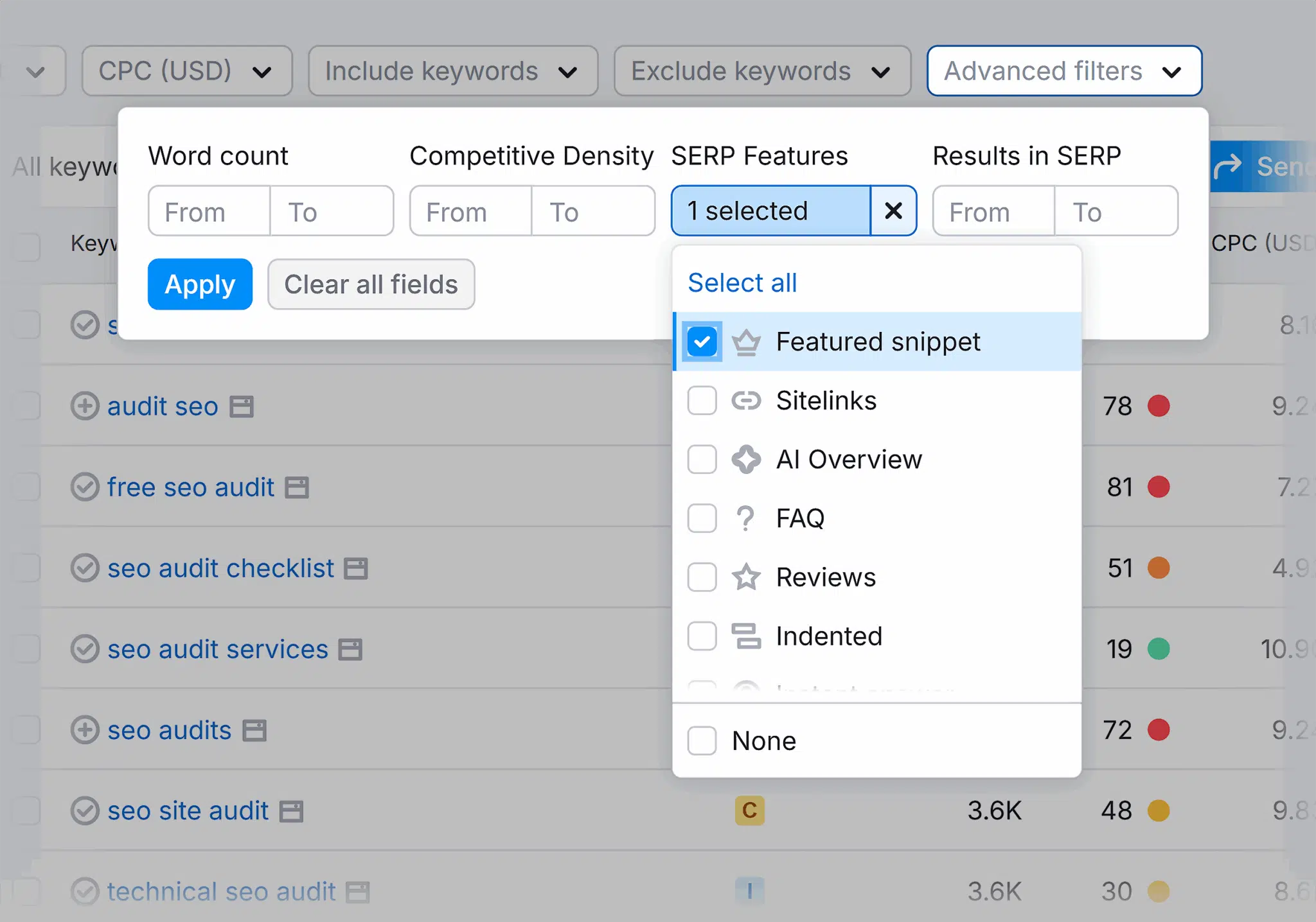 [Screenshot description: SEO tool filtered for featured snippet opportunities where site ranks 1-5 but doesn&rsquo;t hold the snippet]