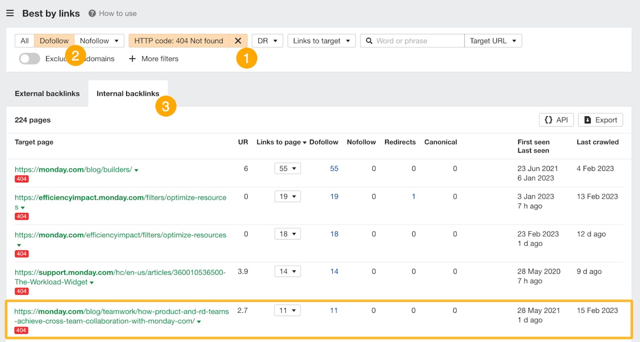 [Screenshot description: Best by links report filtered for 404 pages, sorted by referring domains]