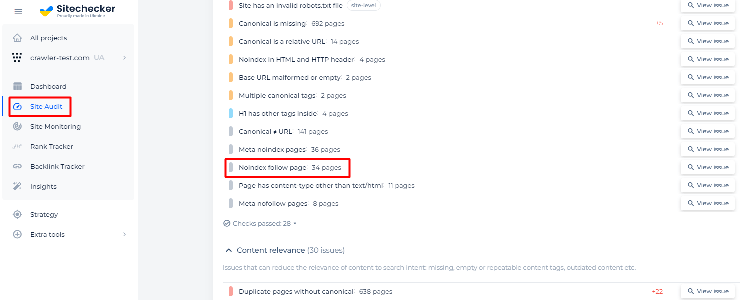 [Screenshot description: Site audit indexability report showing noindex warnings on important pages]