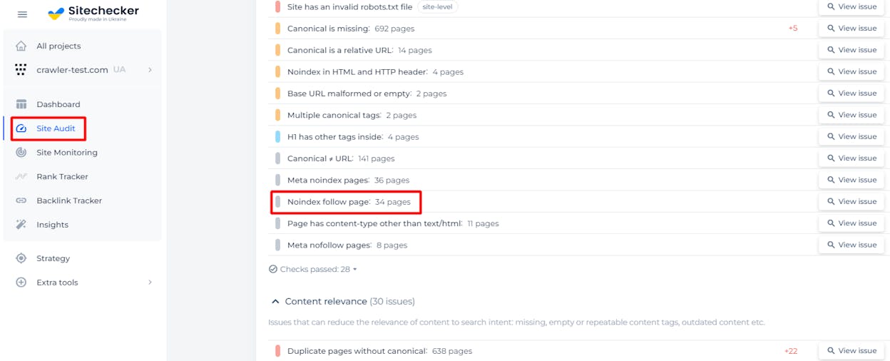 [Screenshot description: Site audit indexability report showing noindex warnings on important pages]