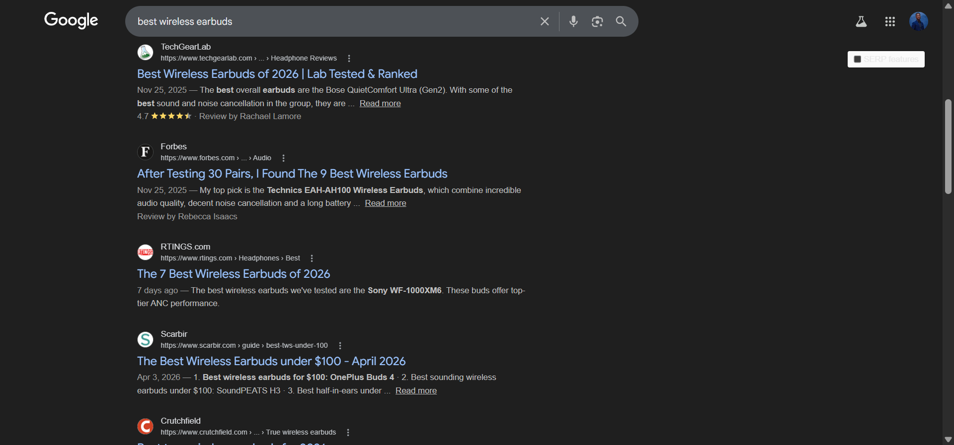 [Screenshot: Google organic search results for a product keyword like &ldquo;best wireless earbuds&rdquo; showing product listings and blog posts ranking]