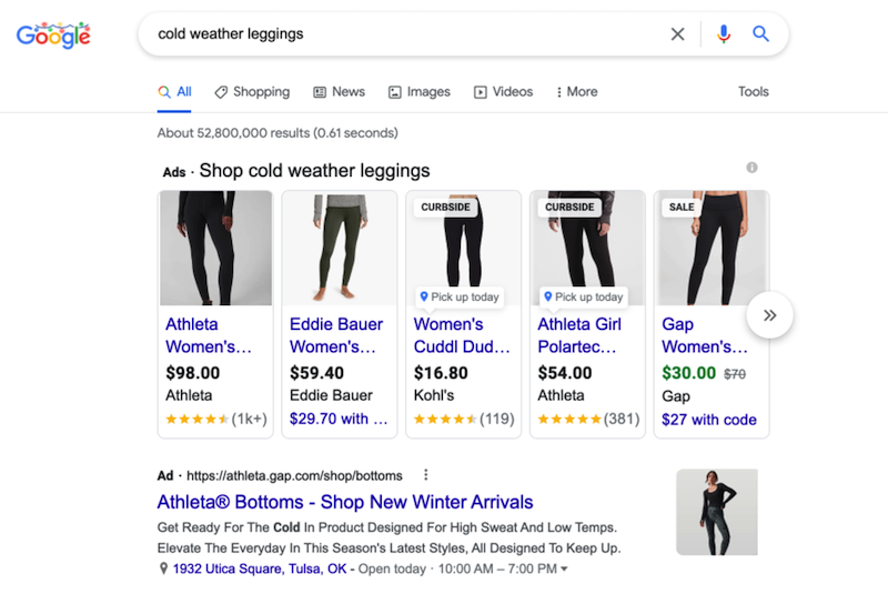 [Screenshot: Google Shopping ads appearing at the top of search results for a product keyword]