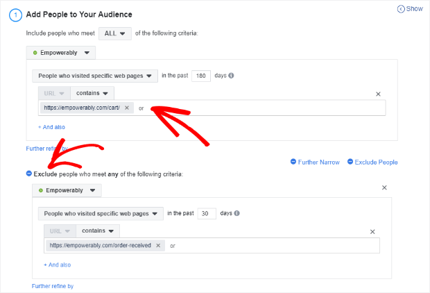 [Screenshot: Facebook Ads Manager showing a retargeting campaign setup with cart abandoners as the audience]