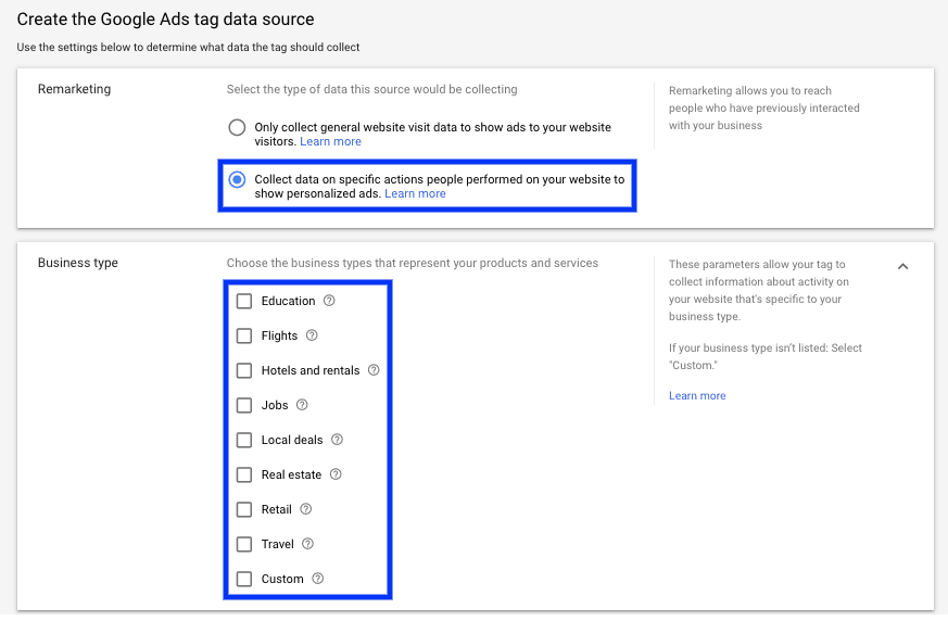 [Screenshot: Google Display Network showing retargeting ad settings targeting site visitors who didn&rsquo;t convert]