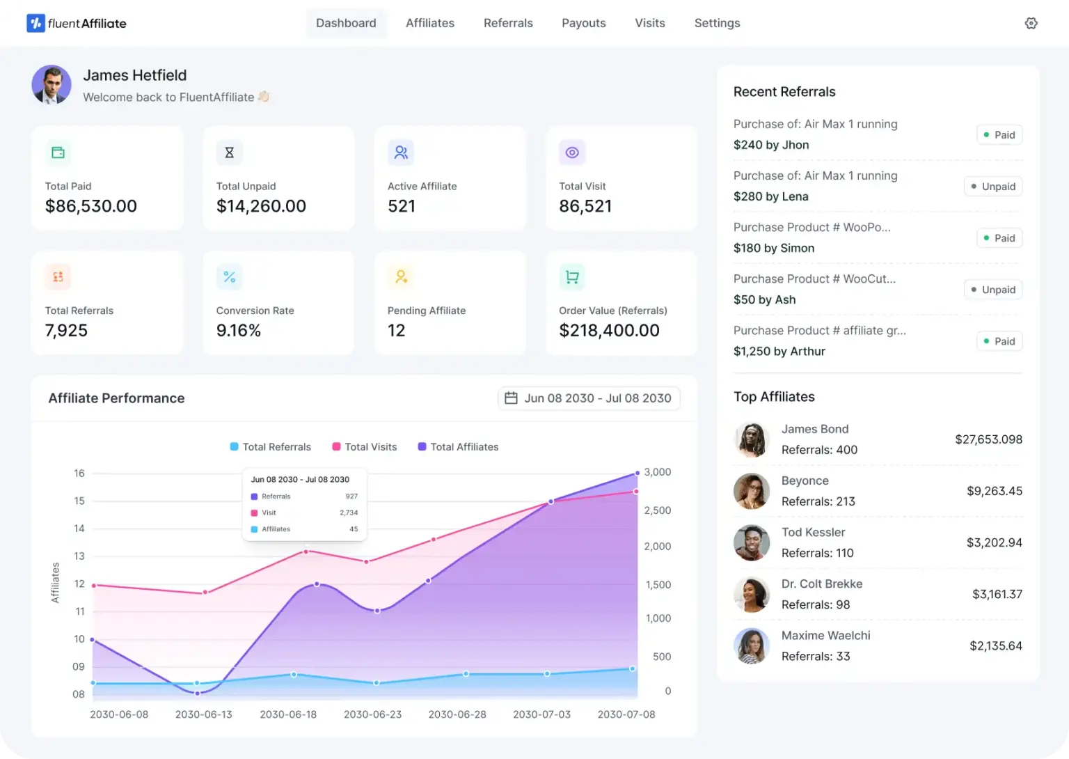 [Screenshot: An affiliate program dashboard showing tracked sales, commissions, and top-performing affiliates]