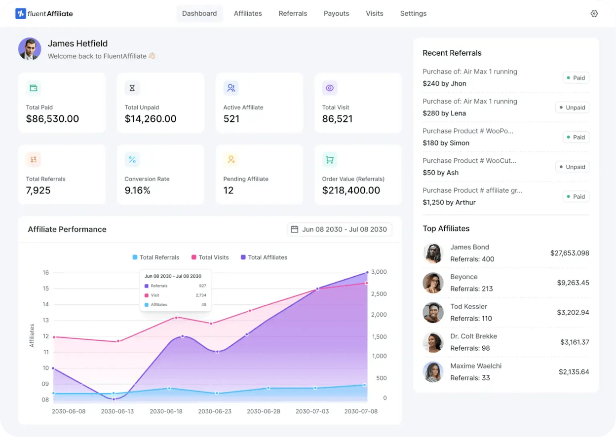 [Screenshot: An affiliate program dashboard showing tracked sales, commissions, and top-performing affiliates]
