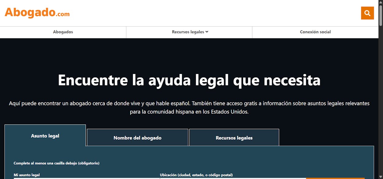 [Screenshot: Abogado.com homepage showing Spanish-language legal services for the US market]