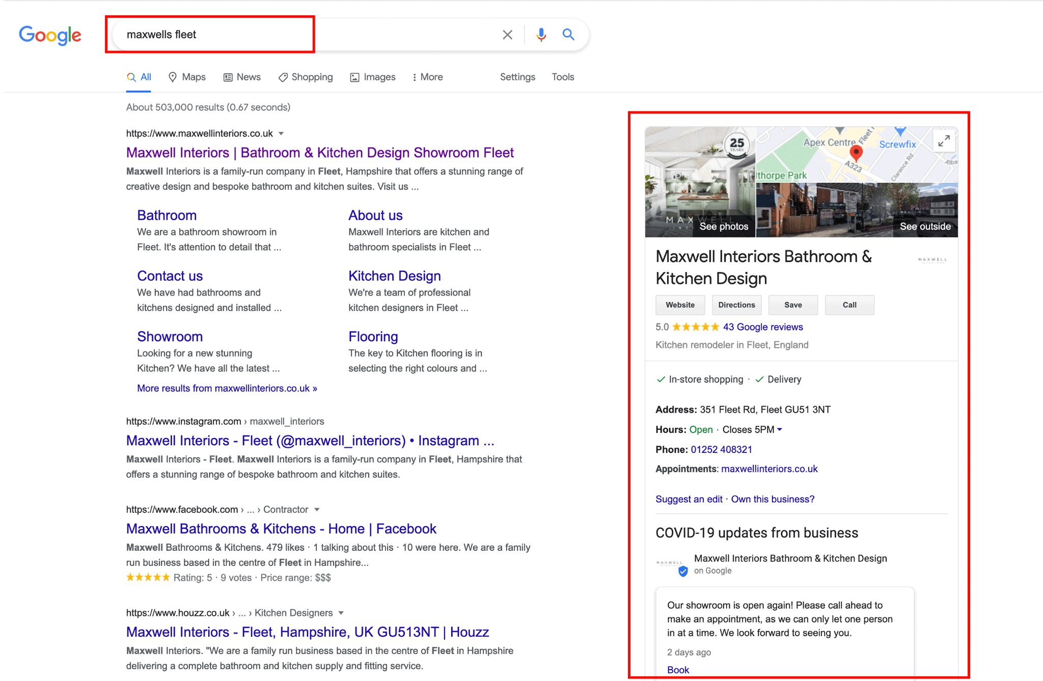 [Screenshot of a Google Business Profile for a local franchise showing business name, rating, hours, and map location]