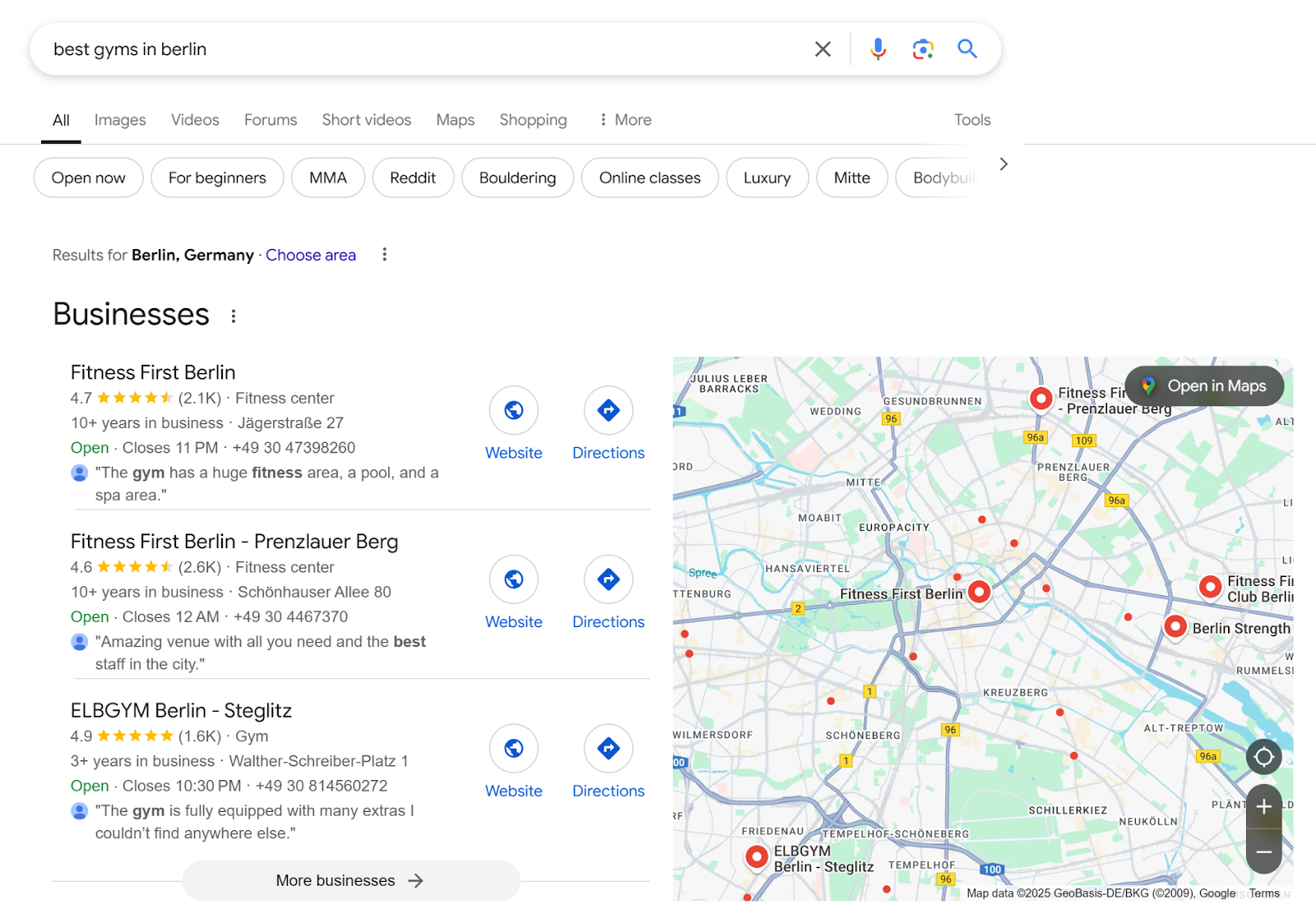 [Screenshot of a Google Map Pack showing three local franchise listings for a &ldquo;gym near me&rdquo; search]