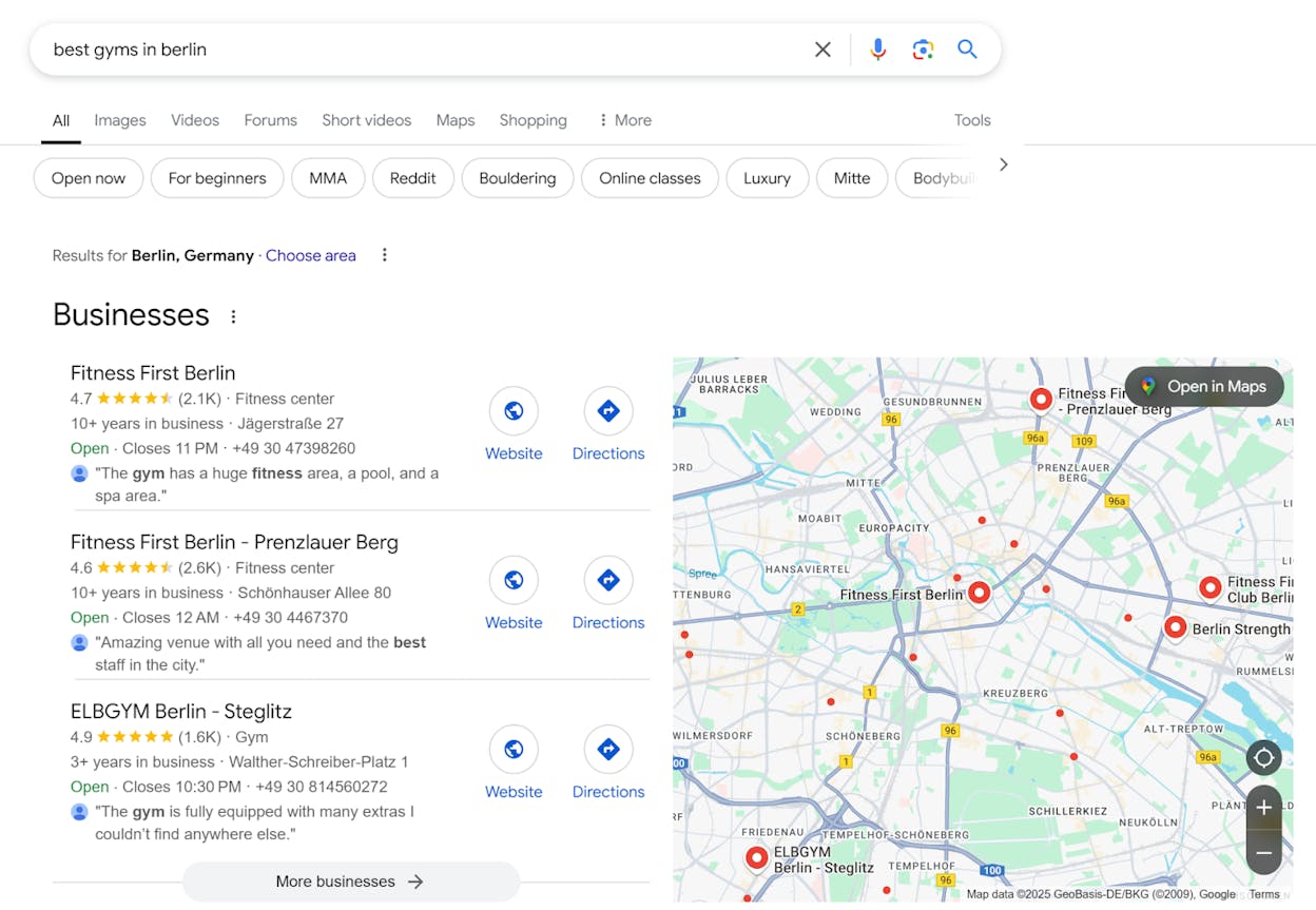[Screenshot of a Google Map Pack showing three local franchise listings for a &ldquo;gym near me&rdquo; search]