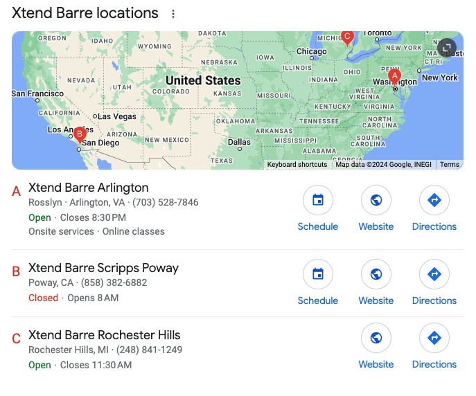[Screenshot of a regional franchise page showing multiple location cards with address, hours, and map for all franchise locations in a specific city]