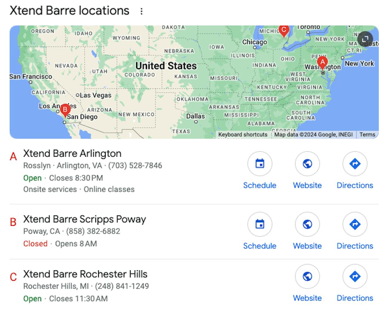 [Screenshot of a regional franchise page showing multiple location cards with address, hours, and map for all franchise locations in a specific city]