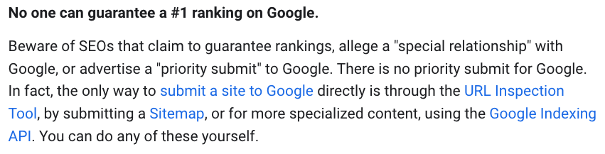 [Screenshot: Google&rsquo;s official guidance confirming that no one can guarantee a #1 ranking on Google]