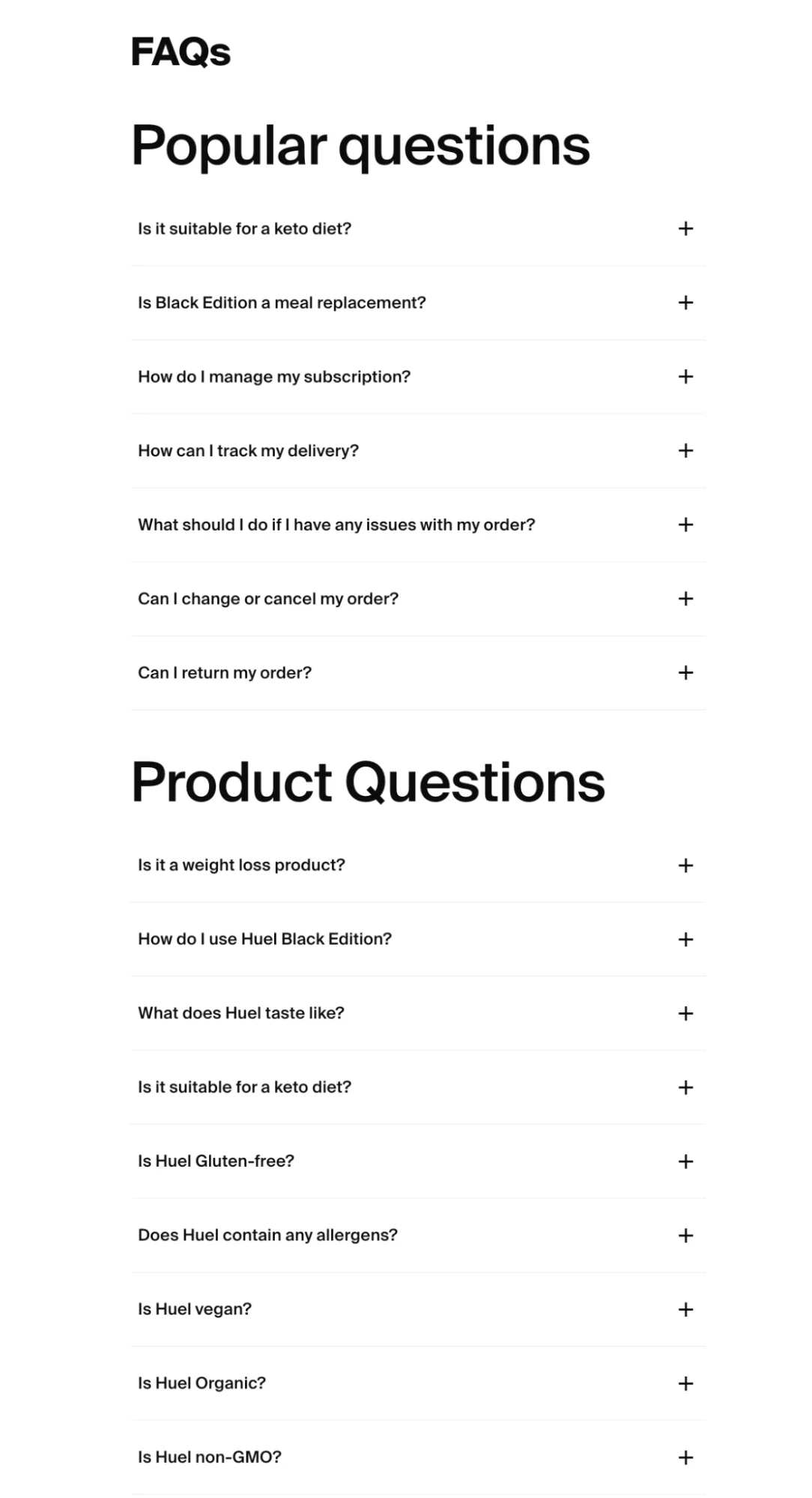 [Screenshot: Example of a dedicated FAQ page with categories and accordion-style questions, like those from brands such as Magic Spoon or Notion]