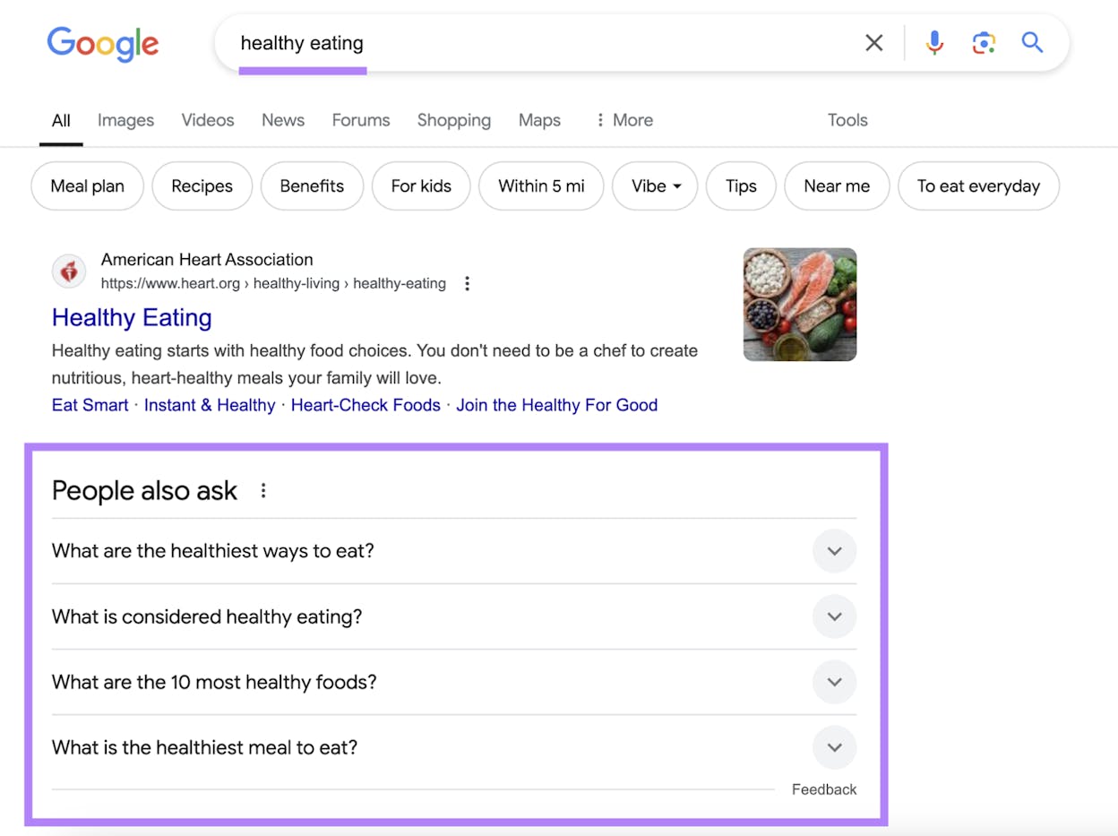 [Screenshot: Google SERP showing People Also Ask box with expandable question-and-answer dropdowns]