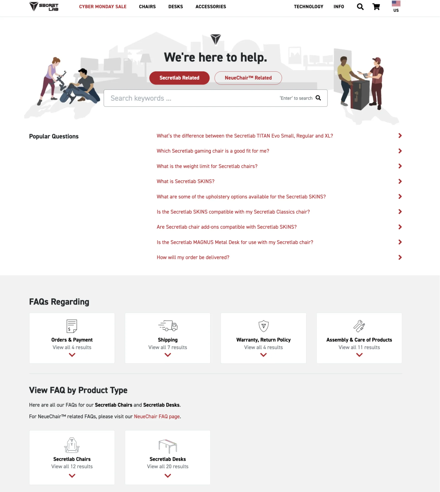 [Screenshot: Example of a well-organized FAQ page with clearly labeled category sections and accordion-style questions under each category]