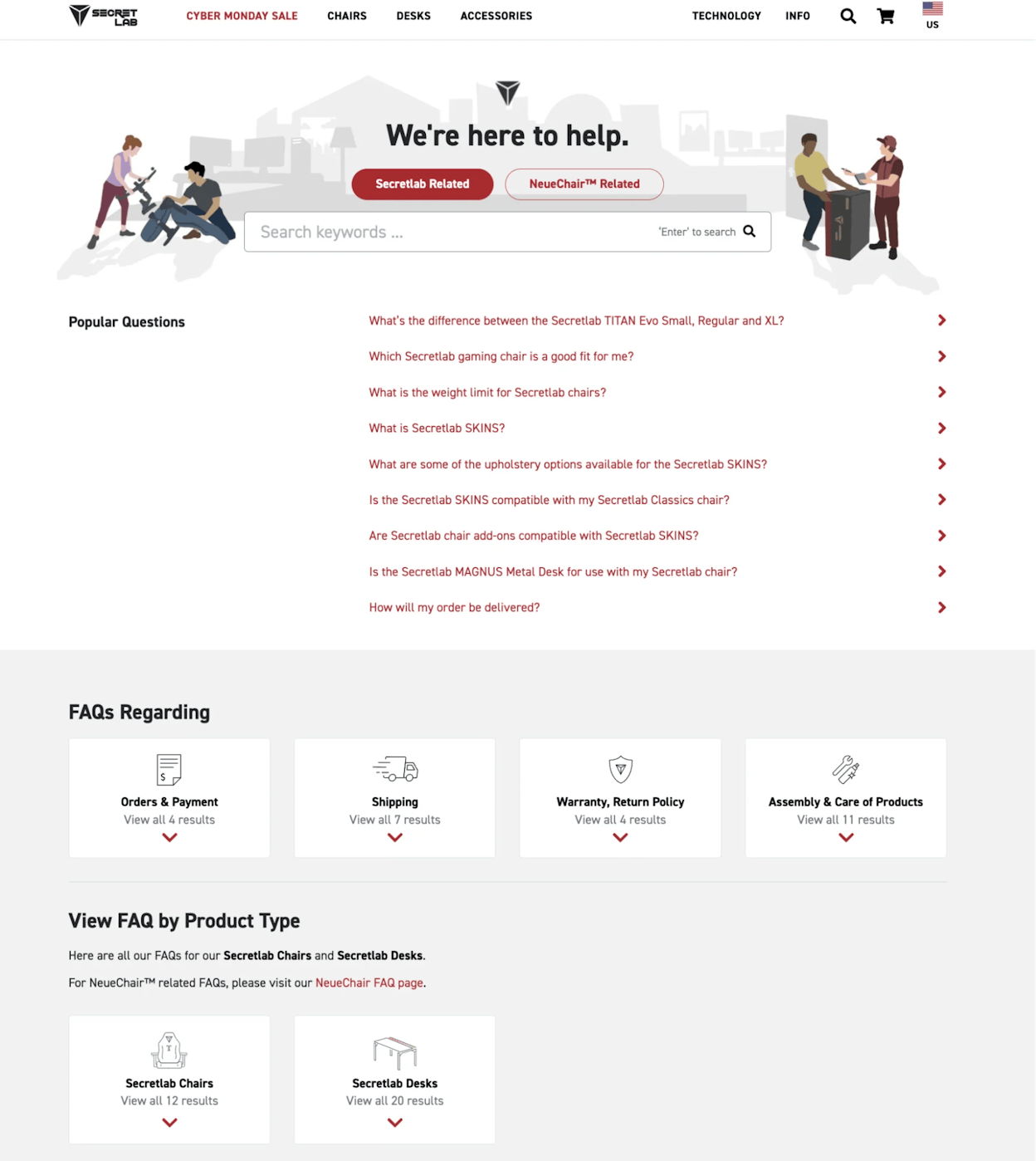 [Screenshot: Example of a well-organized FAQ page with clearly labeled category sections and accordion-style questions under each category]