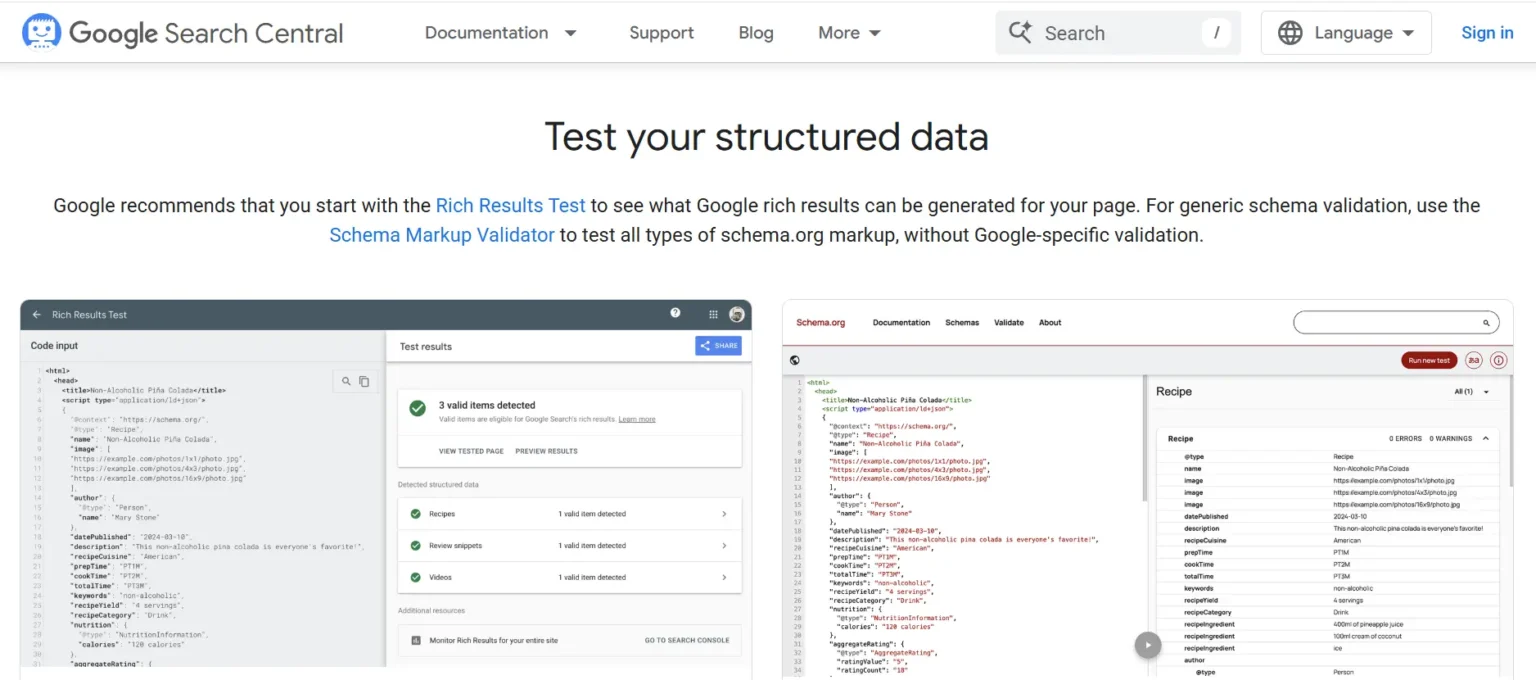 [Screenshot: Google&rsquo;s documentation page showing FAQ structured data guidelines, including valid and invalid use cases]
