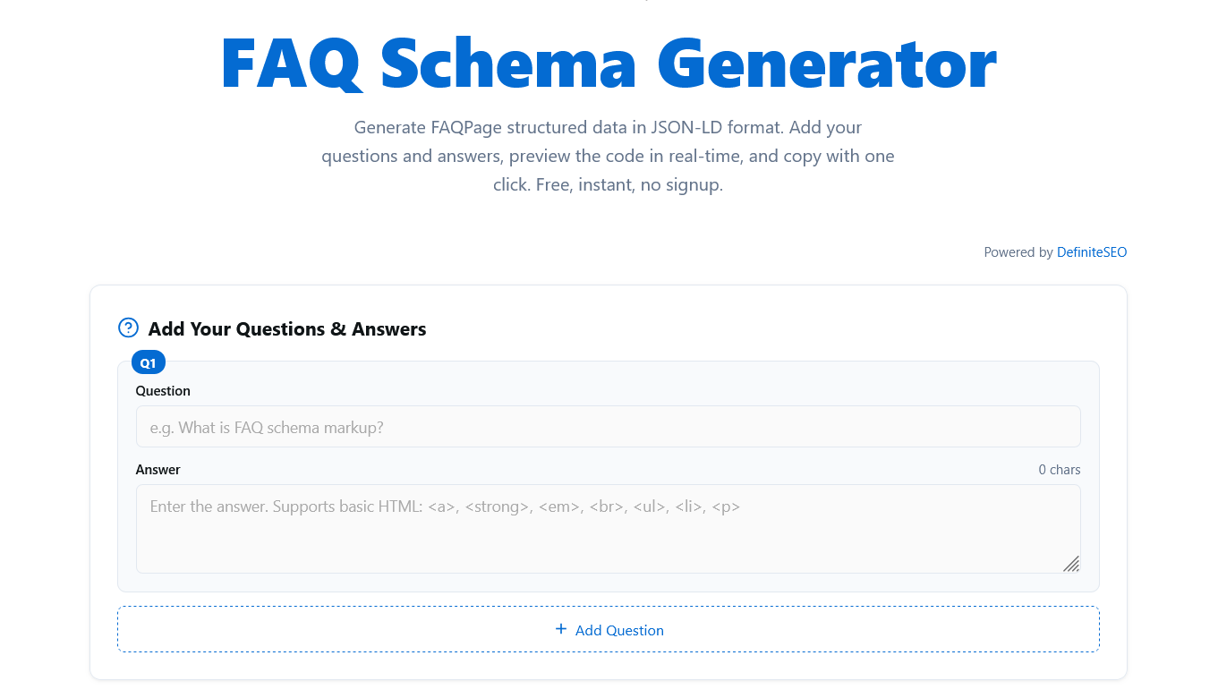 [Screenshot: An FAQ schema generator tool showing input fields for questions and answers, with the generated JSON-LD code displayed on the right side]