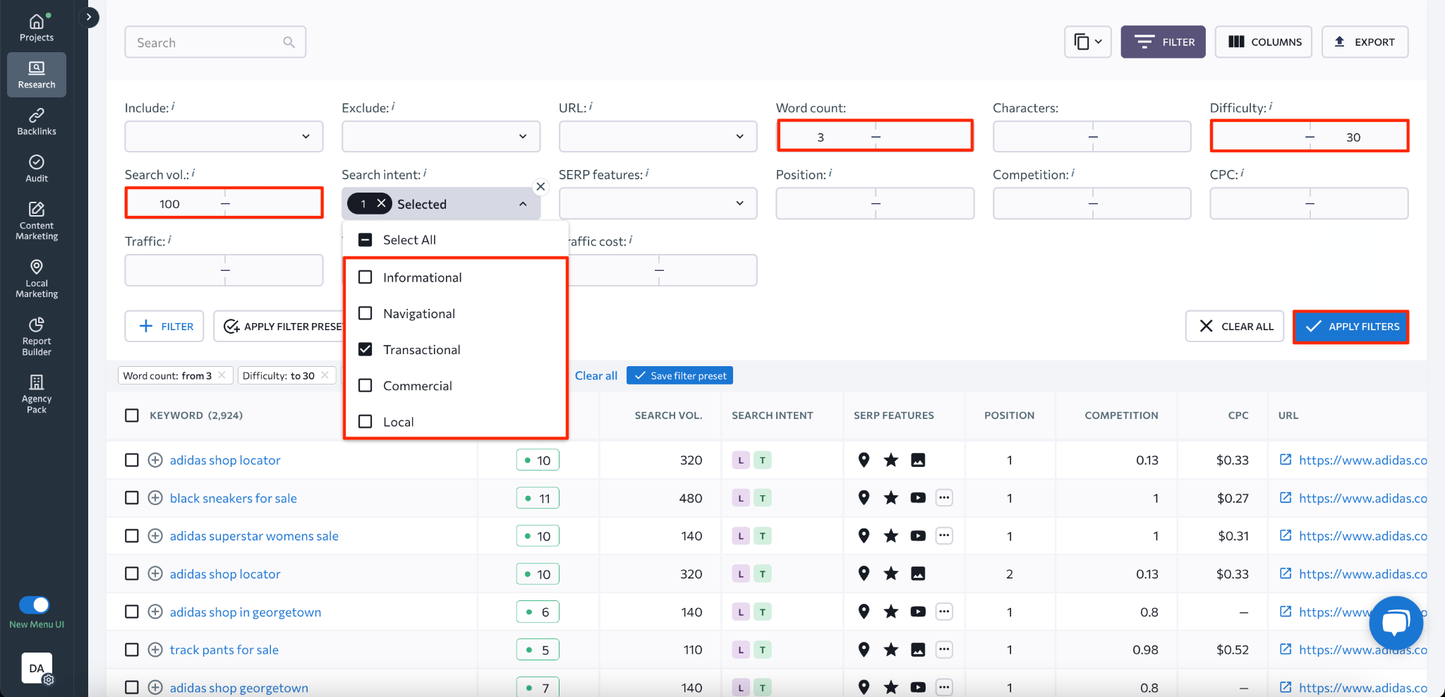 [Screenshot: A keyword research tool showing organic keywords for a competitor affiliate blog, filtered by commercial intent modifiers]