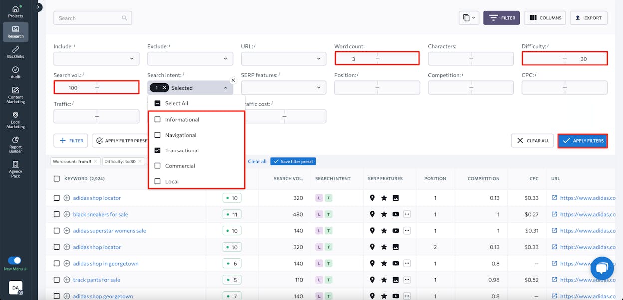 [Screenshot: A keyword research tool showing organic keywords for a competitor affiliate blog, filtered by commercial intent modifiers]