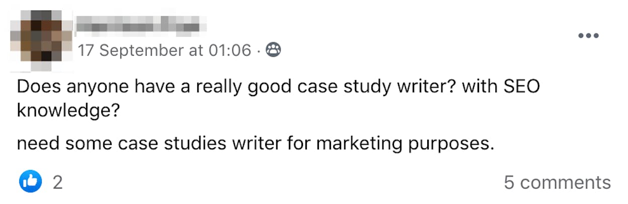 [Screenshot of Dumb SEO Questions group showing a beginner asking about case study writer]