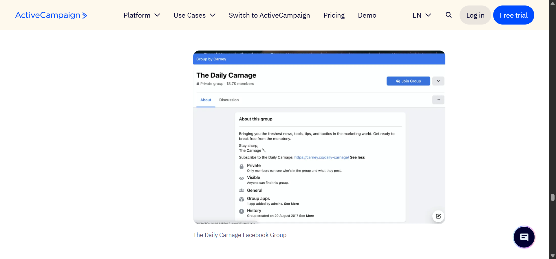 [Screenshot of The Daily Carnage group showing members sharing an ad critique and having a discussion about creative strategy]