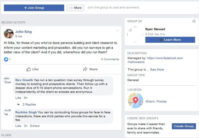 [Screenshot of Digital Marketing Questions group showing a member asking about attribution models and getting detailed answers]